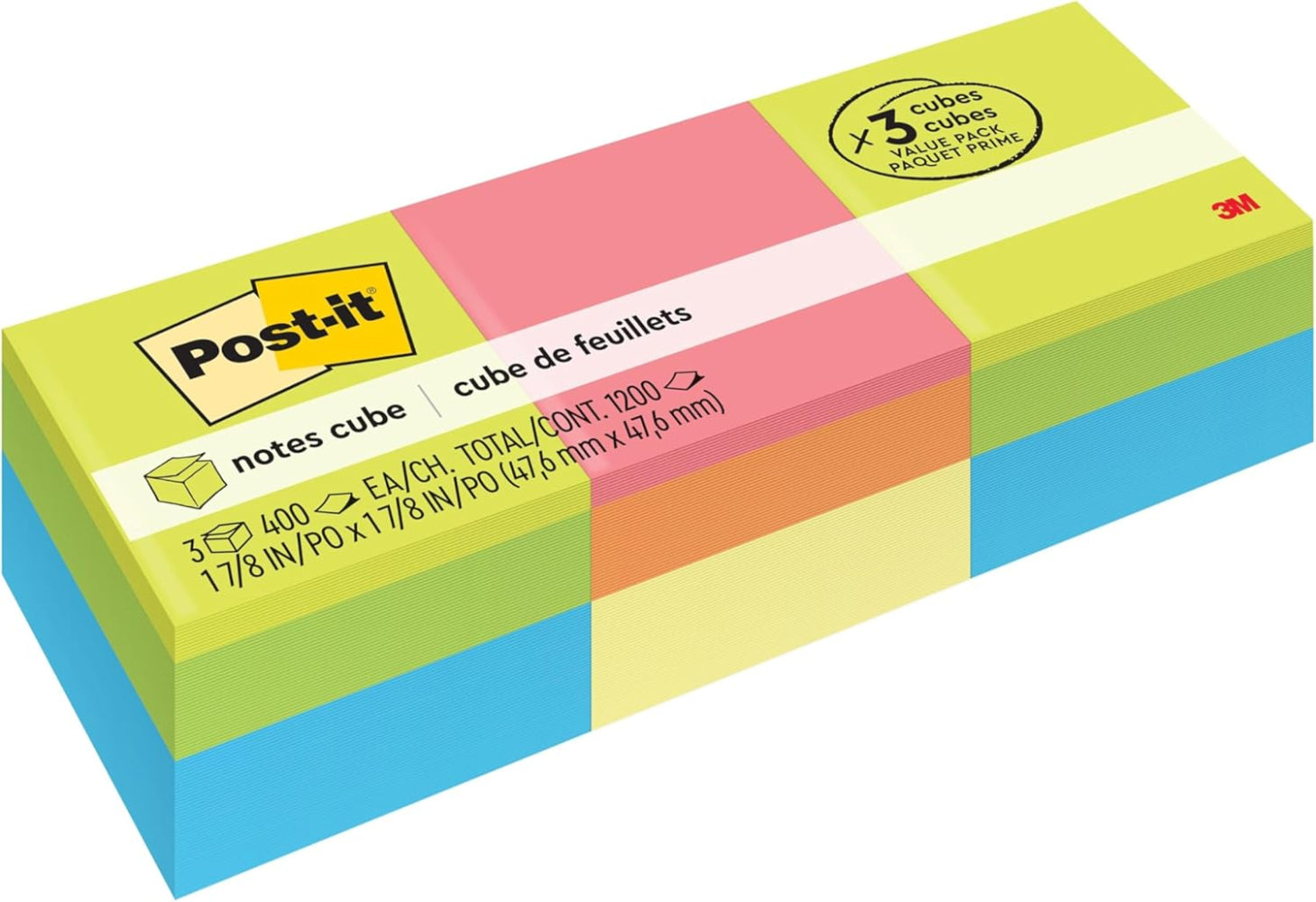 Post-it 2051-3PK Recyclable Notes Cube, 1 7/8 in x 1 7/8 in, 100% PEFC