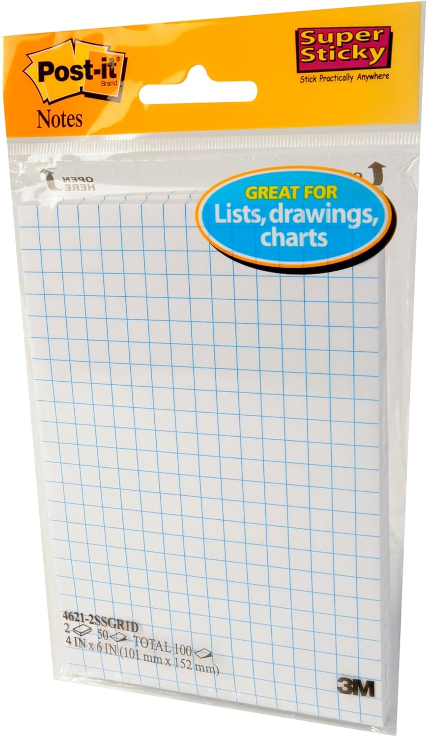 3M 4621-2SSGRID Post-it Super Sticky Notes, 2X Sticking Power, 4 in x 6 in, White with Blue Grid, 2 Pads/Pack, 50 Sheets/Pad
