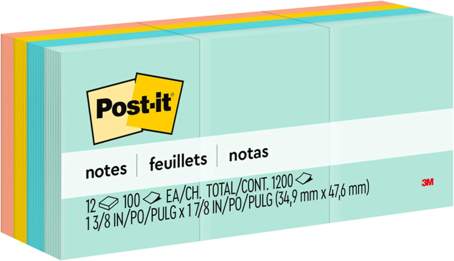Post-it 653-AST Notes, Beachside Café Collection, 1 3/8 in x 1 7/8 in, 12 Pads, 100 Sheets per Pad