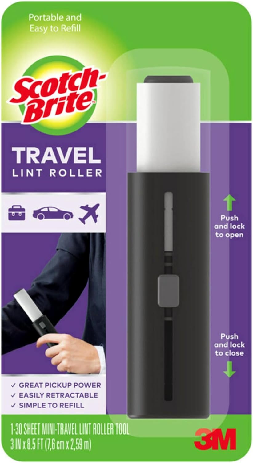 Scotch-Brite 836MRS-30-MTCA Mini-Travel Lint Roller, 3 in x 8.5 ft, 30 Sheets