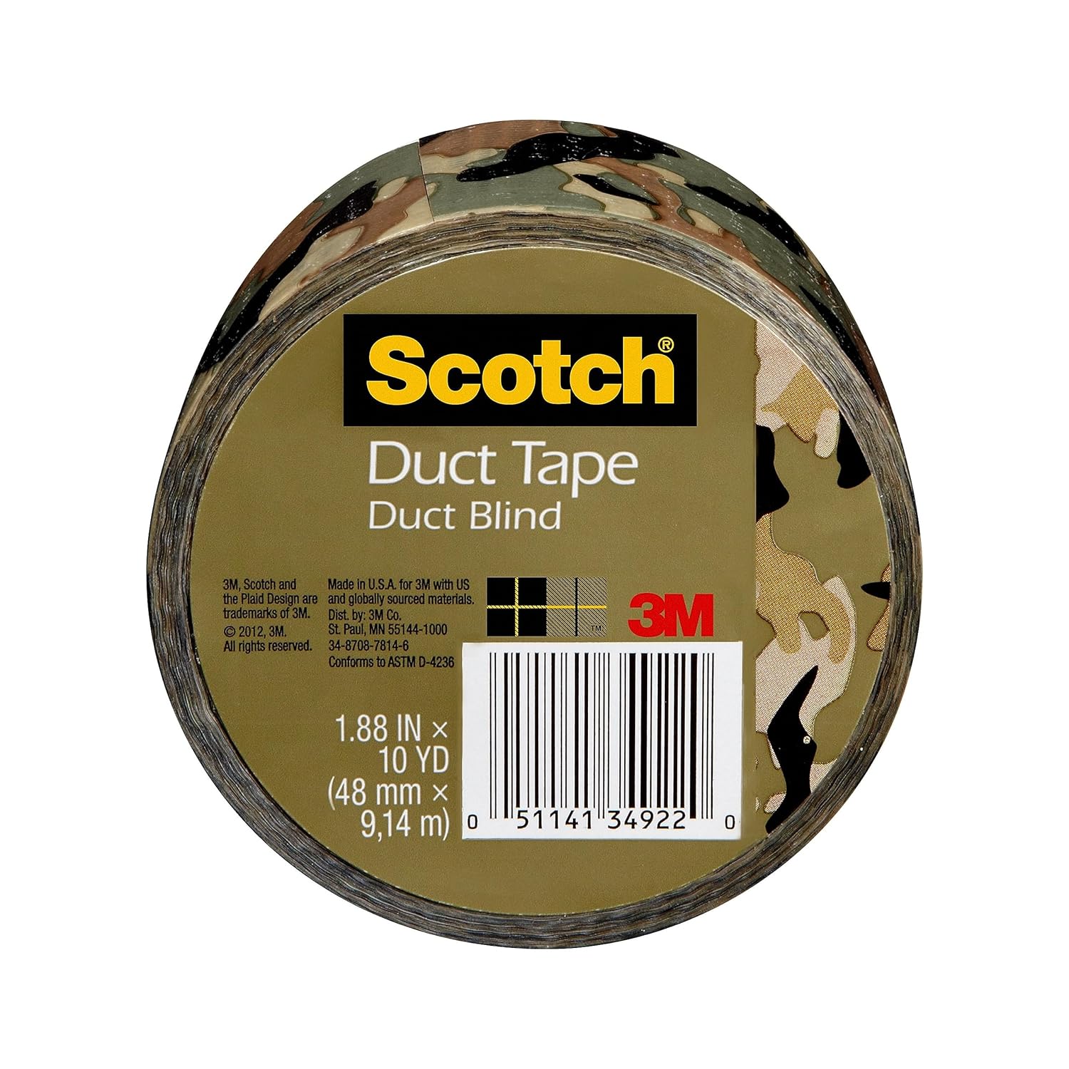Scotch 910-CMO-C Duct Tape, Camo Print, 1.88 in x 10 yd, 1 Roll