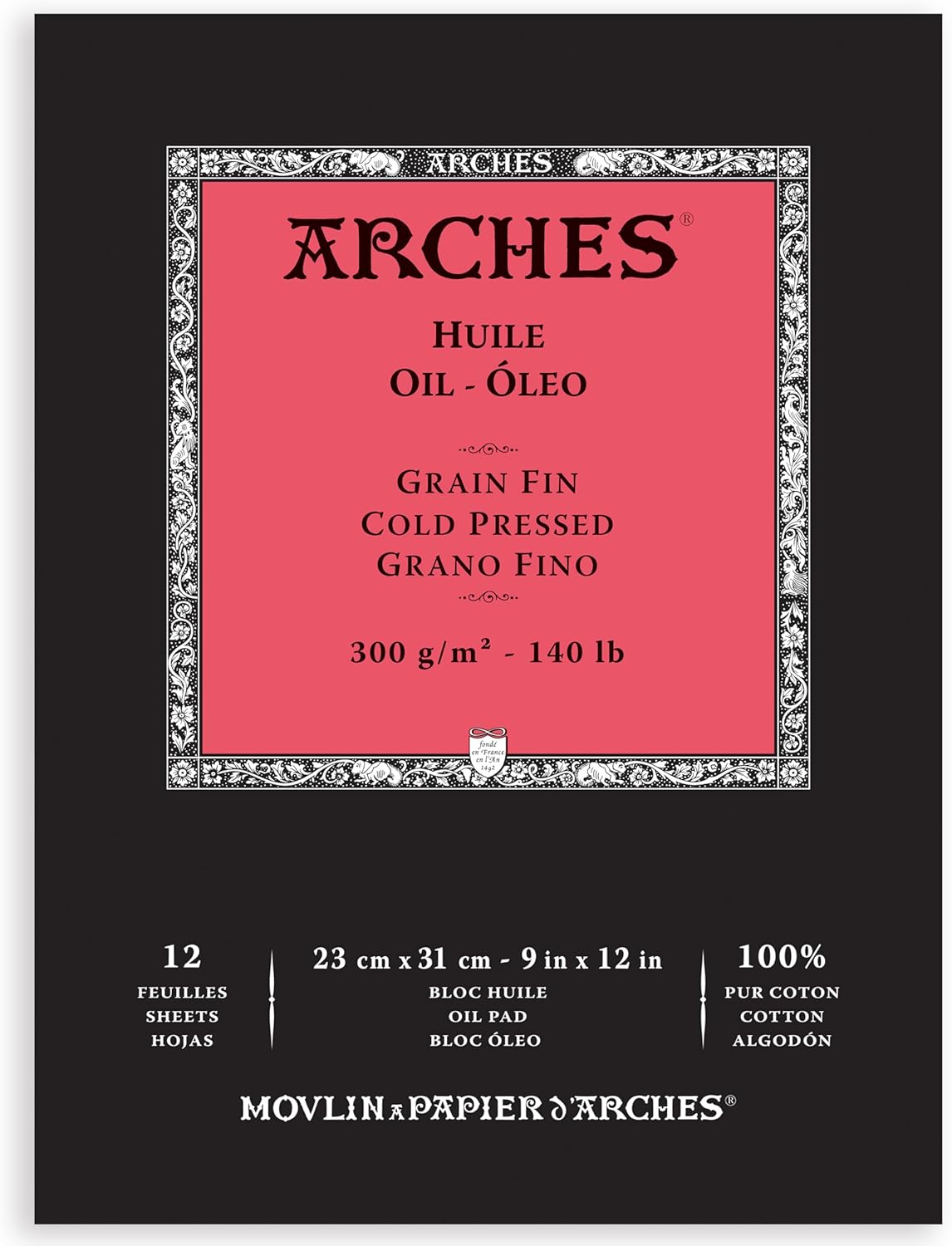 Arches A1795108 Oil Paper Pads Glued on Short Side, 300 gsm, 100% Cotton, Cold Pressed, White, 9 x 12 in, 12 Sheets