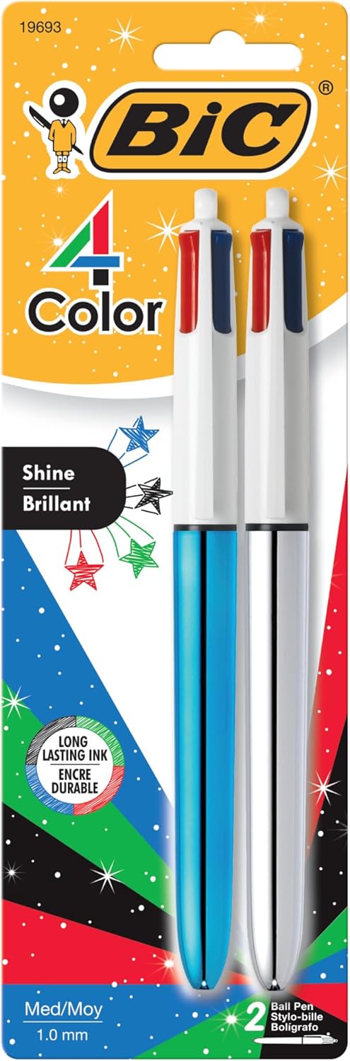 BIC MMMTP21-AST 4-Color Shine Retractable Metallic Ball Pens, 1.0 mm Medium Point, 2-Count