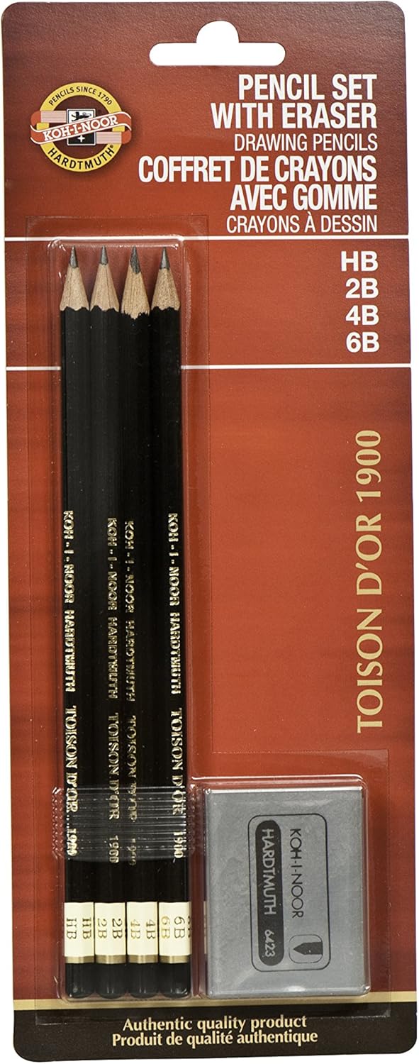 Koh-I-Noor FA1900.4SET Toison d'Or Graphite Pencil and Kneaded Eraser Set, 4 Pencils