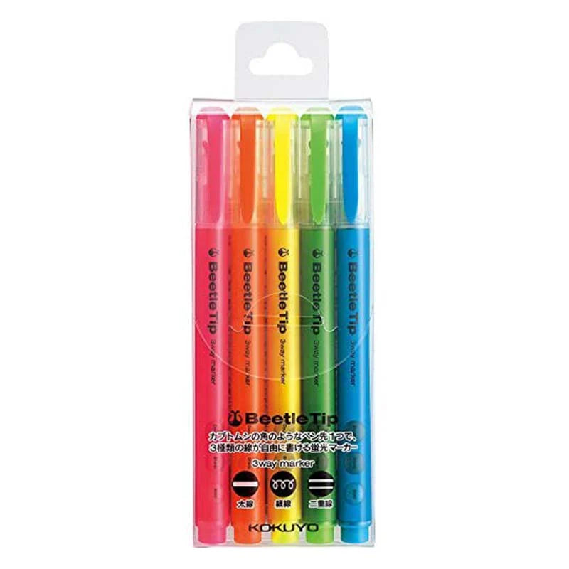 Kokuyo PM-L301-5S Beetle Tip 3-Way Fluorescent Highlighters, 5 Color Set