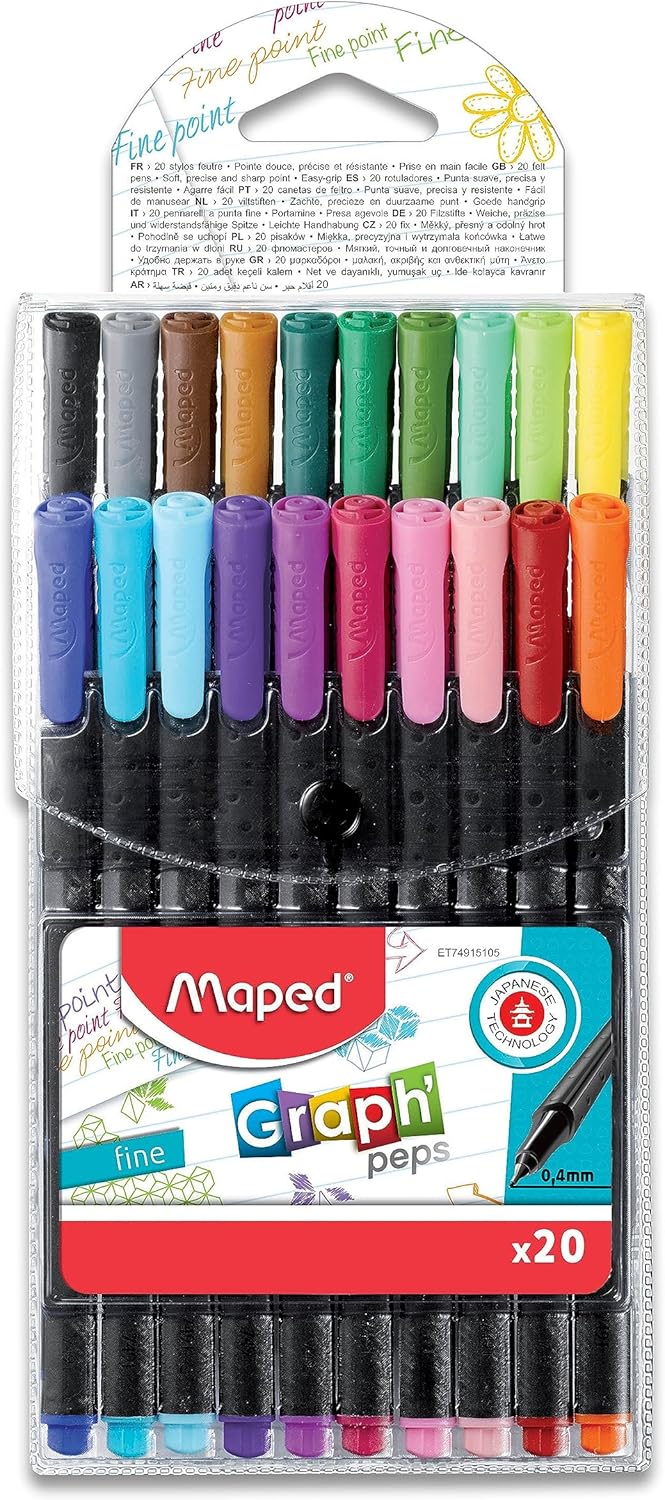 Maped 749151 Graph'Peps Fine Tipped 0.4 mm Fine Line Triangular Felt Pens, 20 Assorted Vibrant Colors