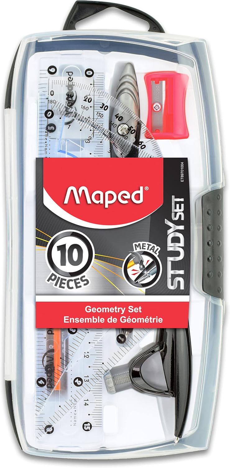 Maped 897010 Study Metal Compass & Geometry 10 Piece Set - Advanced Student Kit