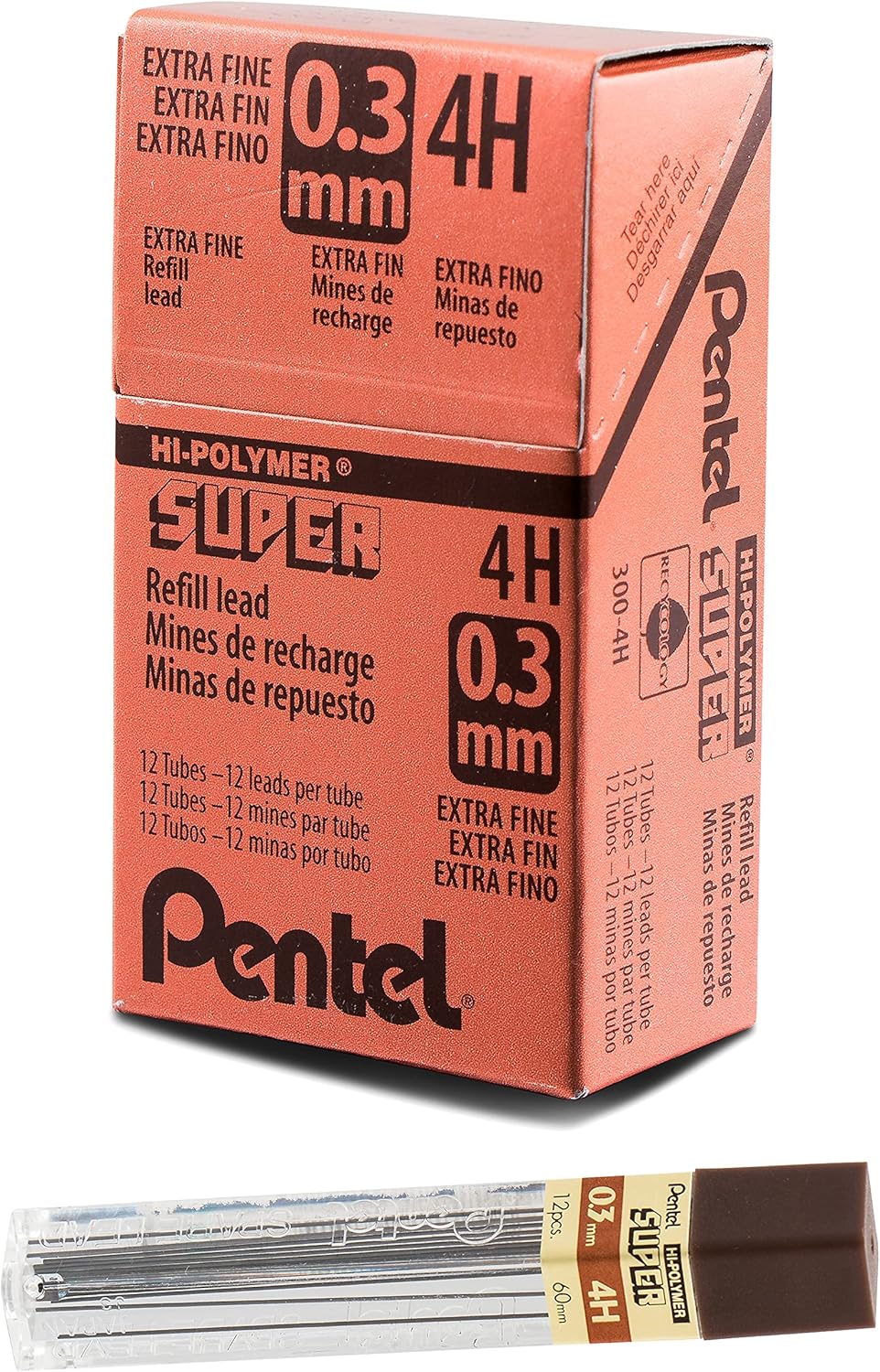 Pentel 300 Super Hi-Polymer Lead Refills,  0.3 mm Extra Fine, 12 Leads per Tube, Box of 12 Tubes