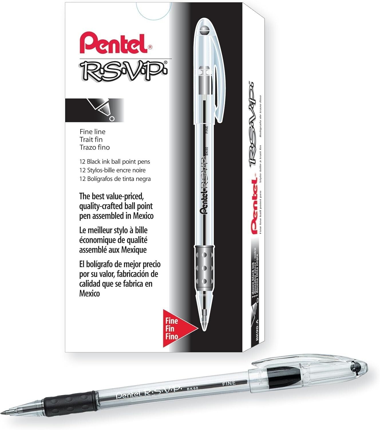 Pentel BK90 R.S.V.P. Ballpoint Pens, 0.7 mm Fine Point, Box of 12 Pens