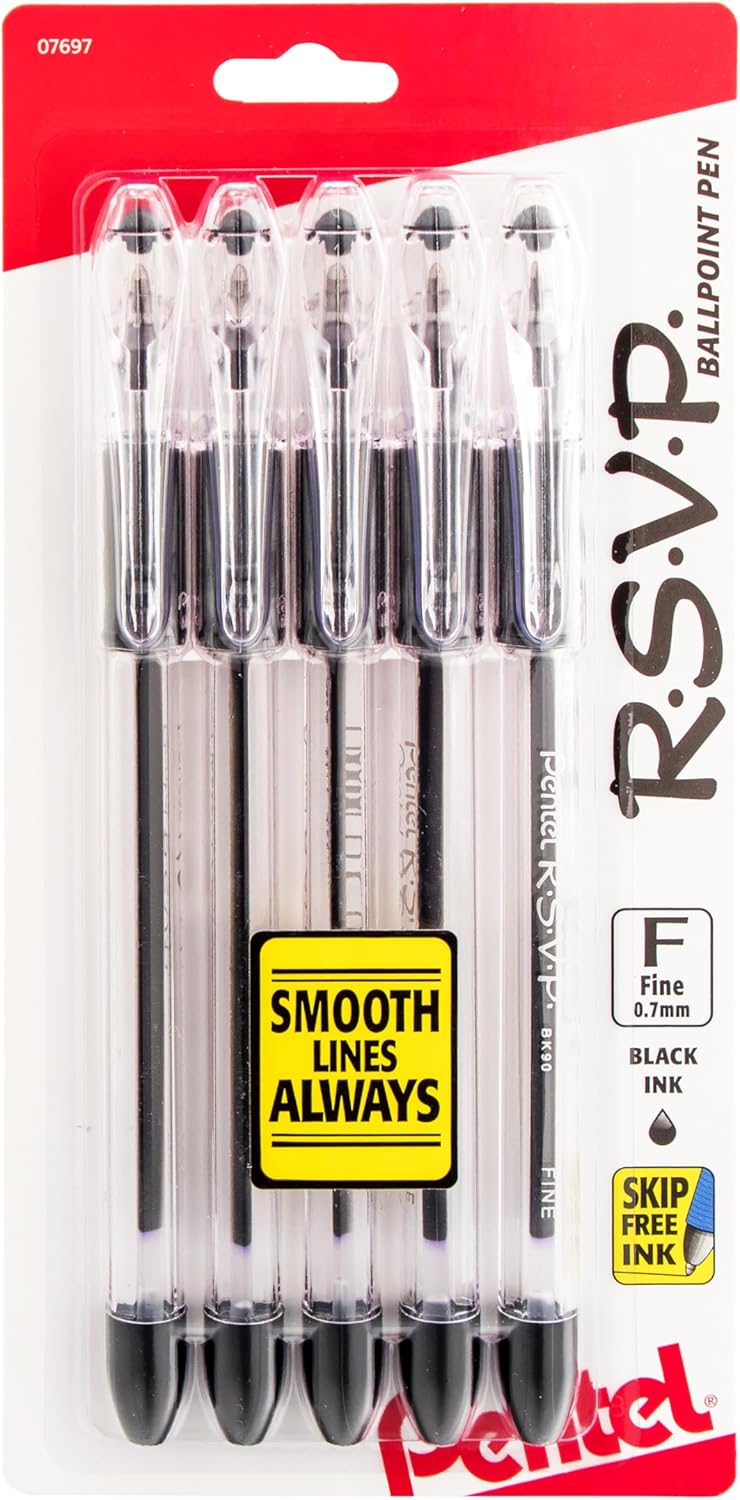 Pentel BK90BP5A/BK90PF5A R.S.V.P. Ballpoint Pens, 0.7 mm Fine Line, Black Ink, 5 Pack