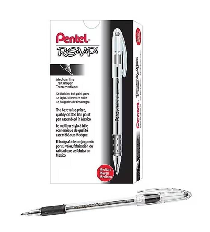 Pentel BK91 R.S.V.P. Ballpoint Pens, 1.0 mm Medium Point, Box of 12 Pens