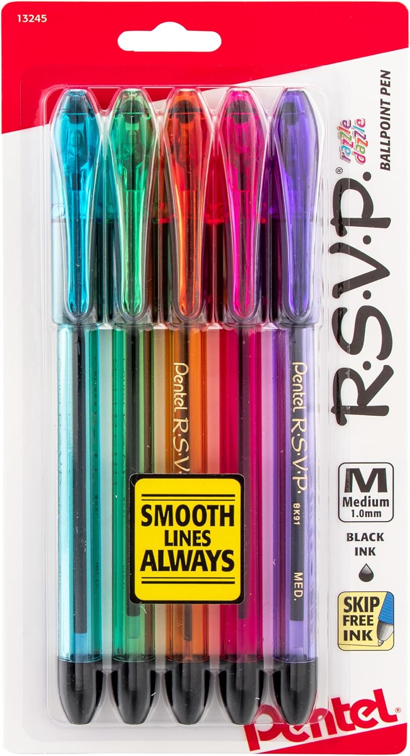 Pentel BK91RDBP5M R.S.V.P. Razzle-Dazzle Ballpoint Pens, 1.0 mm Medium Line, Assorted Barrels, Black Ink, 5-Pack