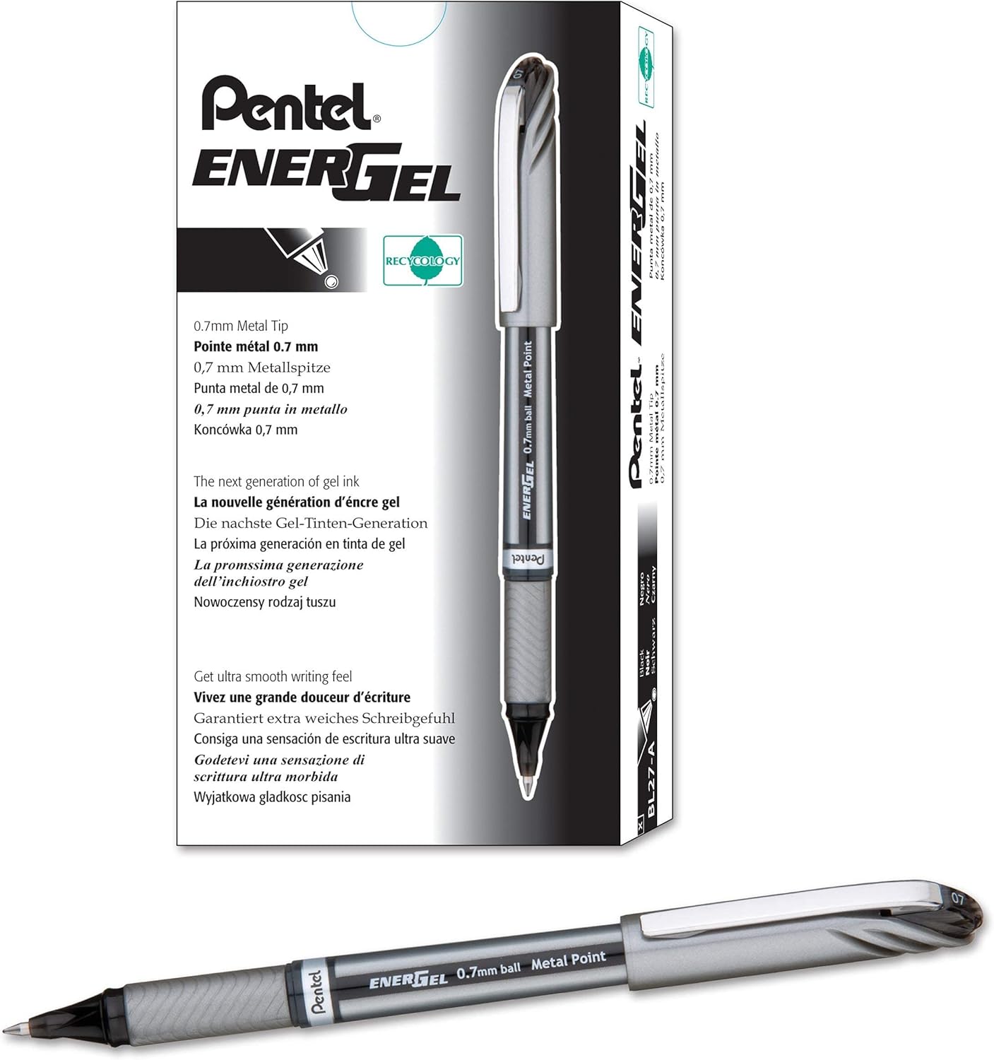 Pentel BL27 EnerGel NV Liquid Gel Pens, Metal Tip, 0.7 mm Medium Line, Box of 12 Pens