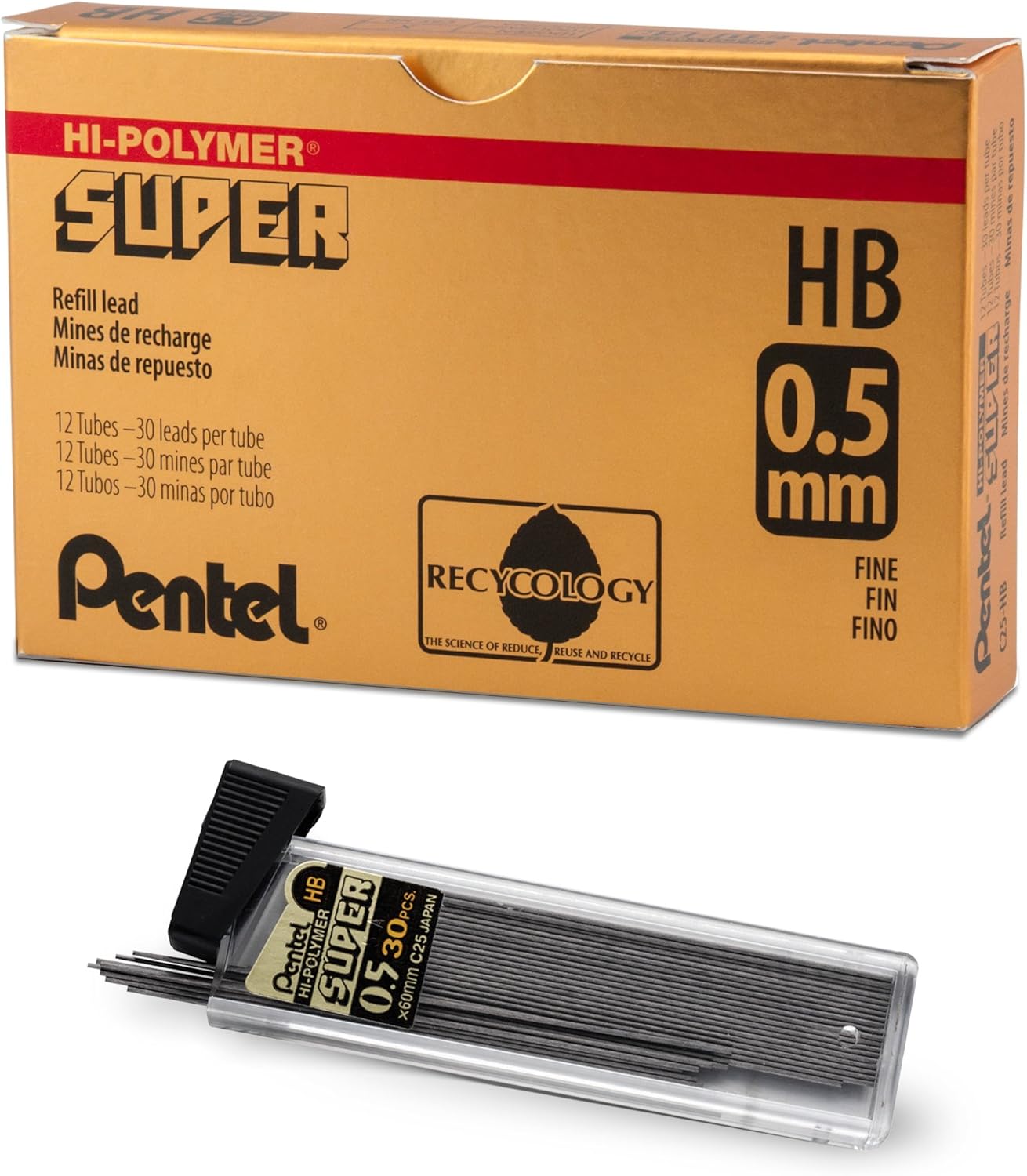 Pentel C25/C27/C29-HB Super Hi-Polymer Leads, HB, 60 mm, 30 Leads/Tube, 12 Tubes