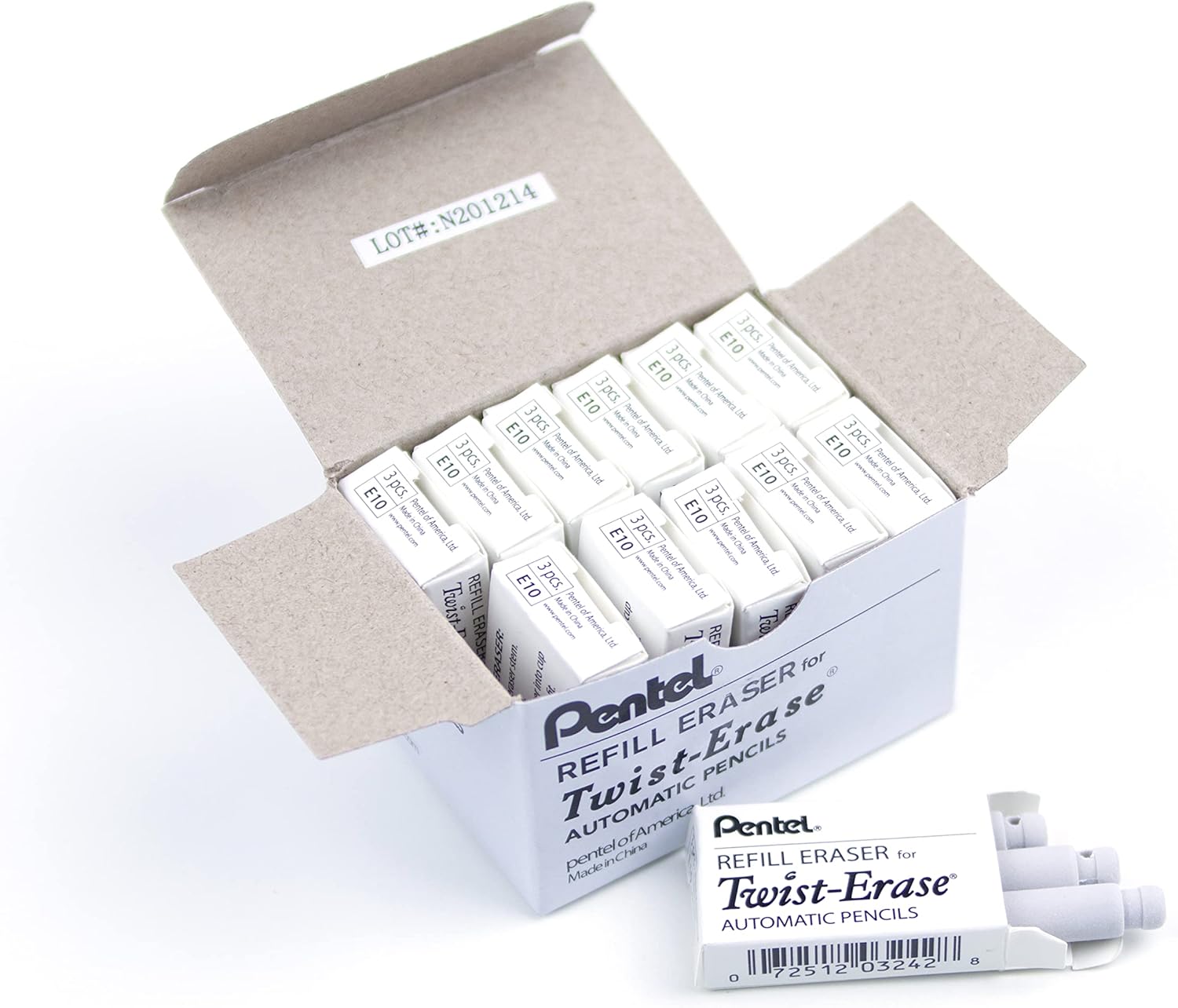Pentel E10 Refill Eraser For Twist-Erase Series Pencils, 3 per Pack, Box of 12 Packs