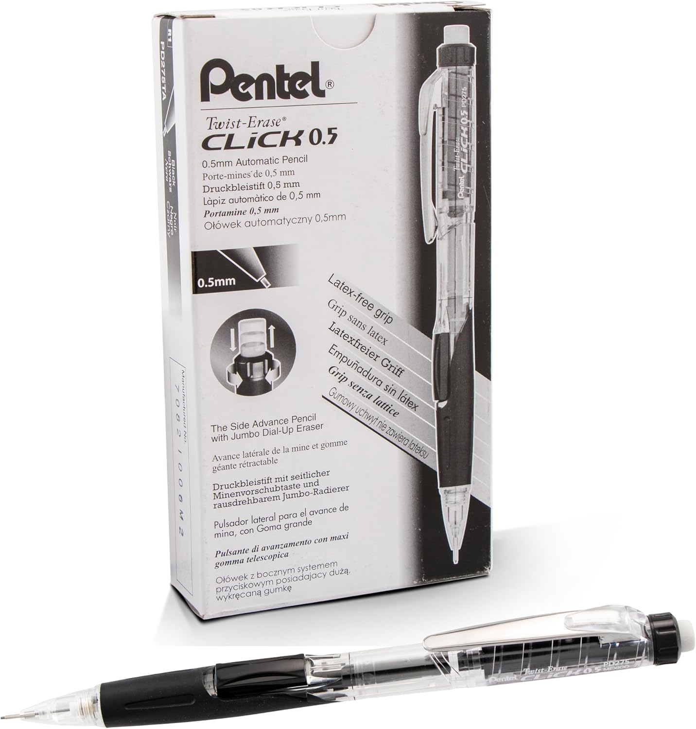 PENTEL PD275T Twist-Erase Click Mechanical Pencil, 0.5 mm, Clear Barrel, Box of 12