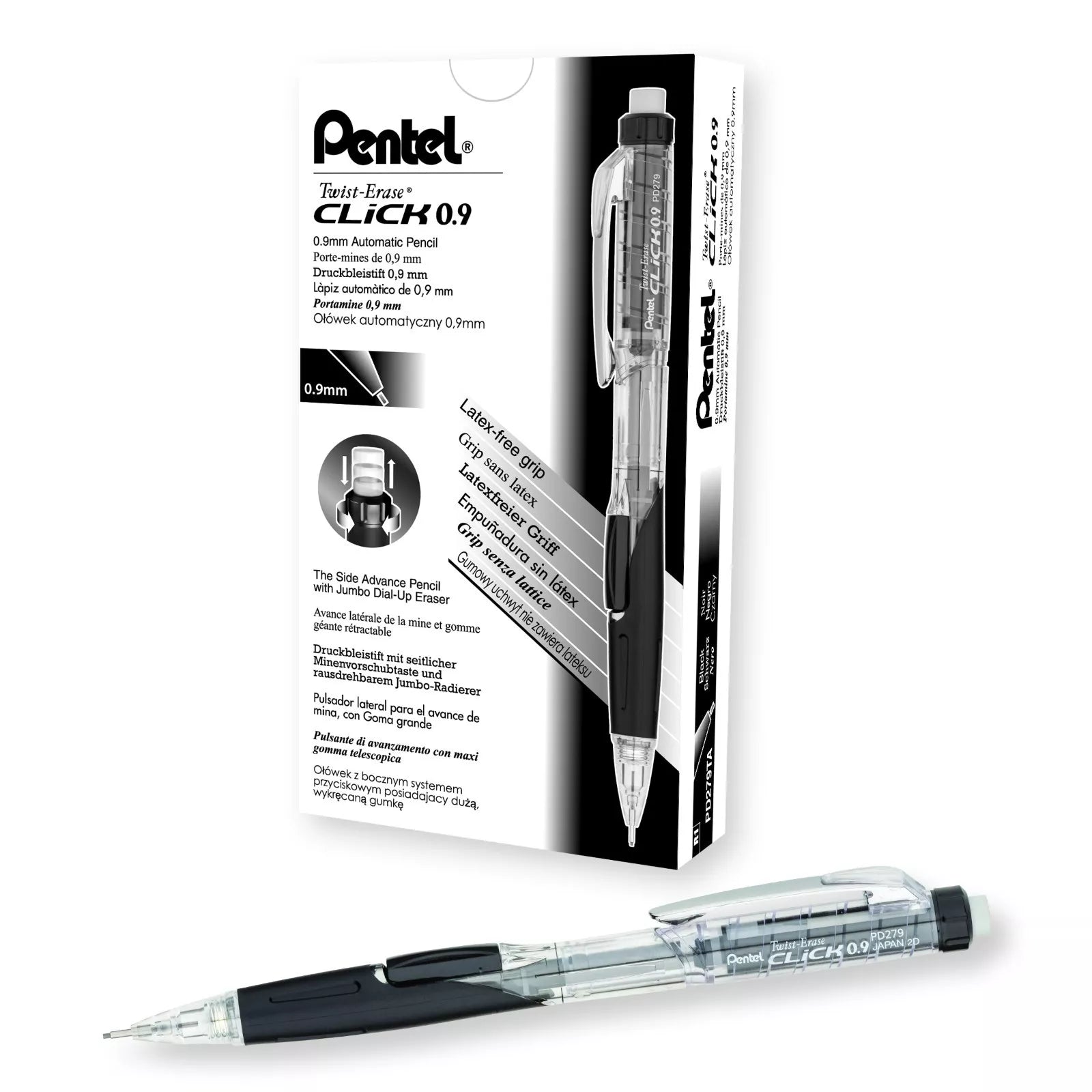 PENTEL PD279T Twist-Erase Click Mechanical Pencil, 0.9 mm, Clear Barrel, Box of 12