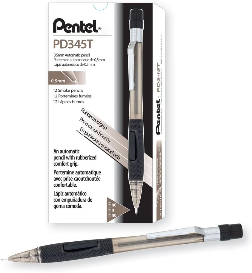 Pentel PD345T Quicker Clicker Mechanical Pencil with Grip, 0.5 mm, Transparent Barrel, Box of 12 Pencils