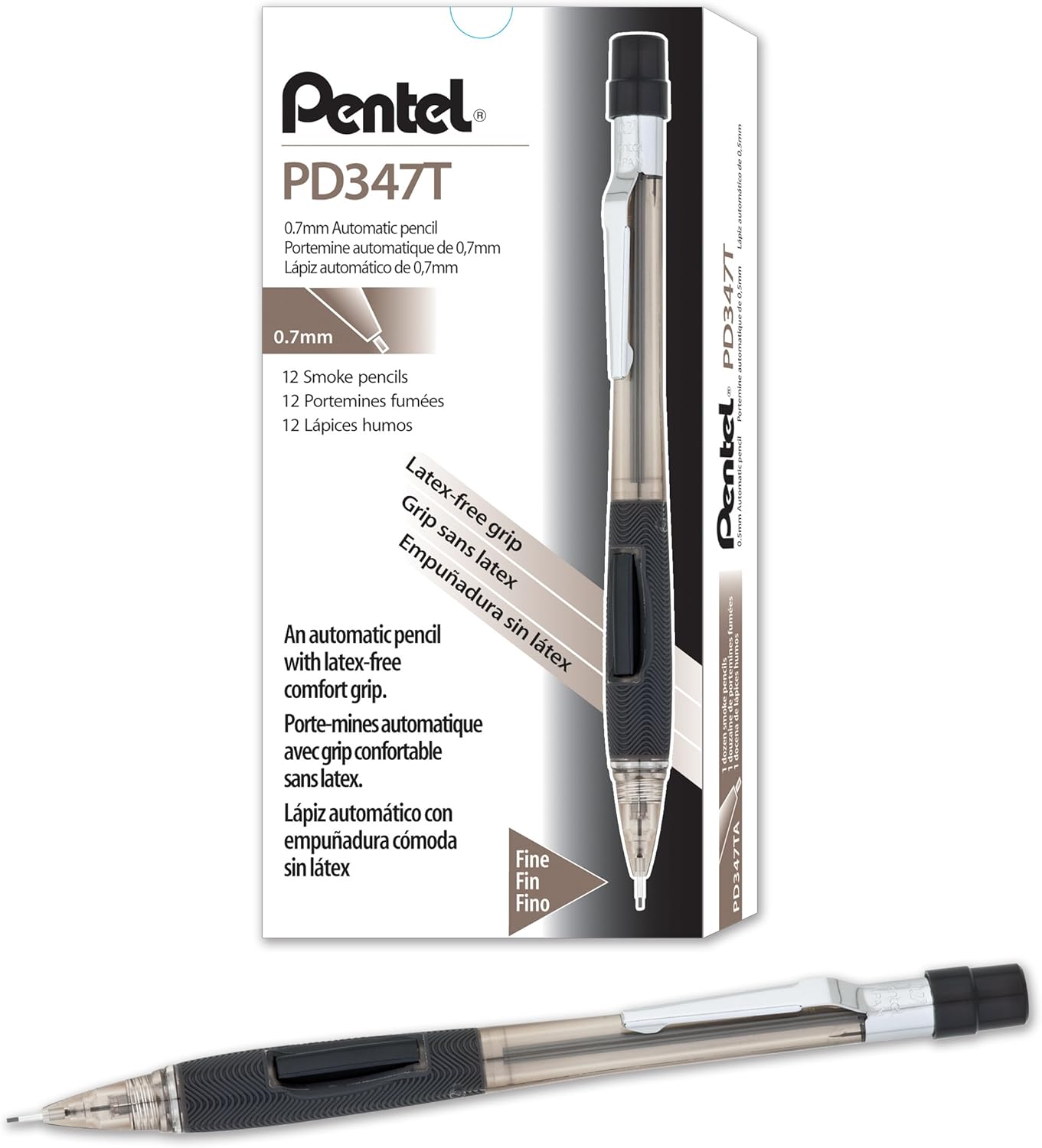 Pentel PD347T Quicker Clicker Mechanical Pencil with Grip, 0.7 mm, Transparent Barrel, Dozen Box
