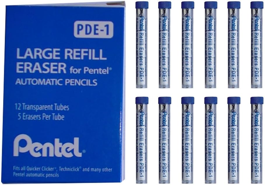 Pentel PDE-1 Refill Erasers for AL, AX and PD Series Pencils, 5 Pcs/Tube, Box of 12 Tubes, White