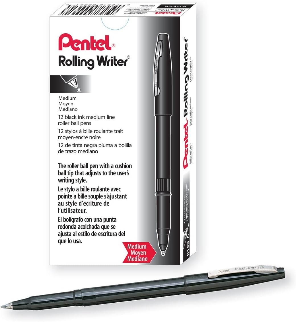 Pentel R100 Rolling Writer Rollerball Pen, 0.8 mm Medium Line, Box of 12 Pens