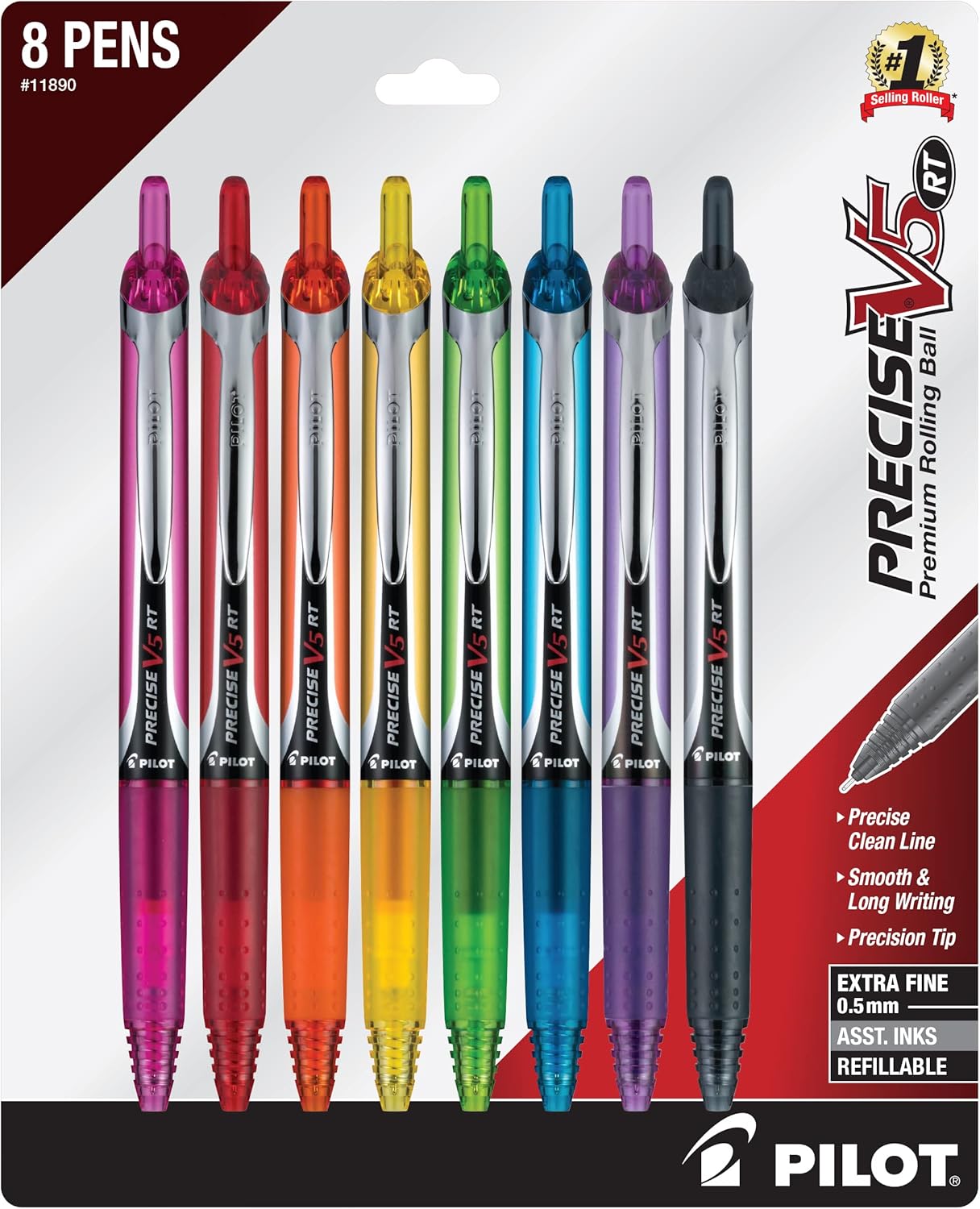 Pilot 11890 Precise V5 Retractable Rolling Ballpens, Extra Fine, Assorted 8 Pack