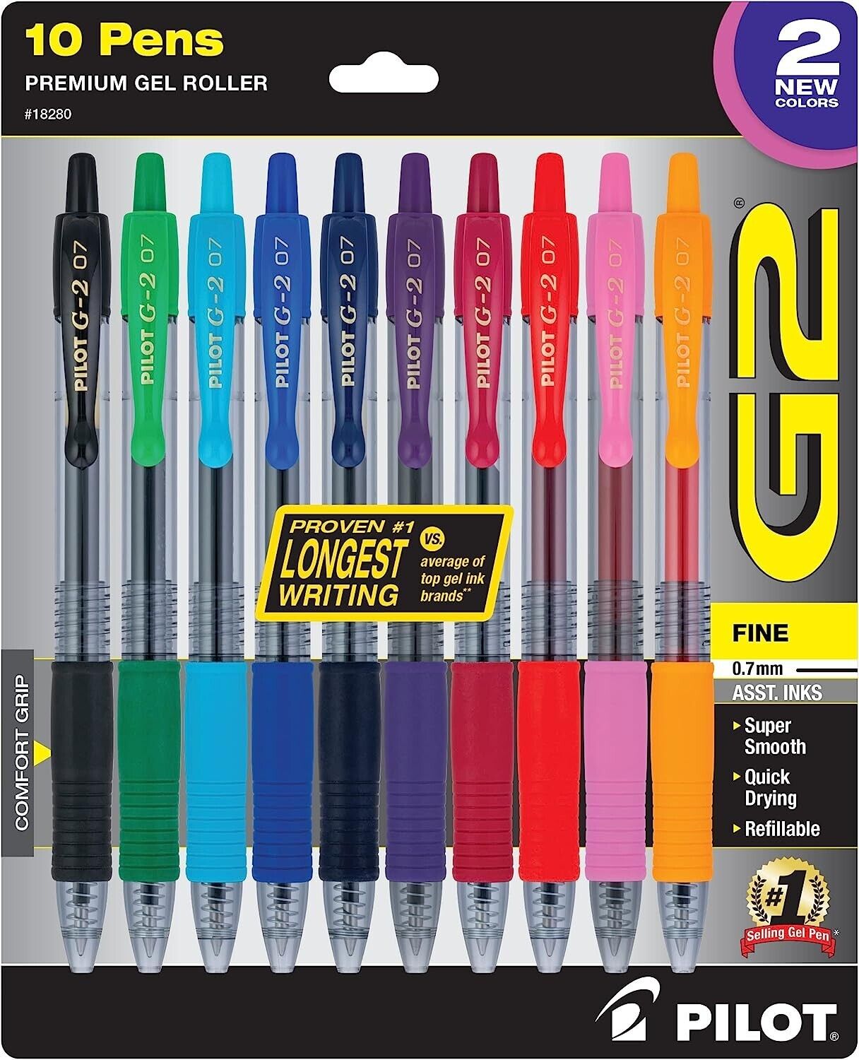 Pilot 18280 G2-07 Retractable Gel Ink Pens, Fine Point, Assorted 10 Pack