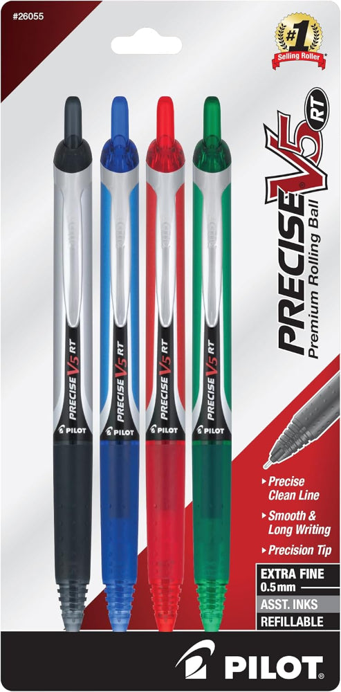 Pilot 26055 Precise V5 RT Retractable Rolling Ball Pens, Extra Fine Point, 4-Pack, Black/Blue/Red/Green Inks