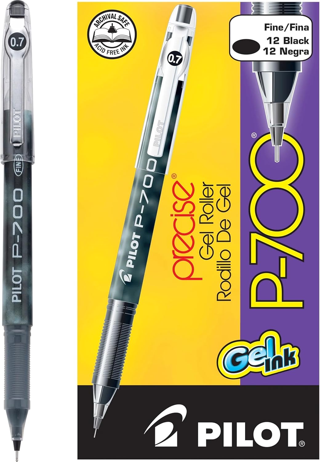 Pilot 38610-38621 P-700 Precise Rolling Ball Stick Pens with Gel Ink, 0.7 mm Fine Point, Dozen Box