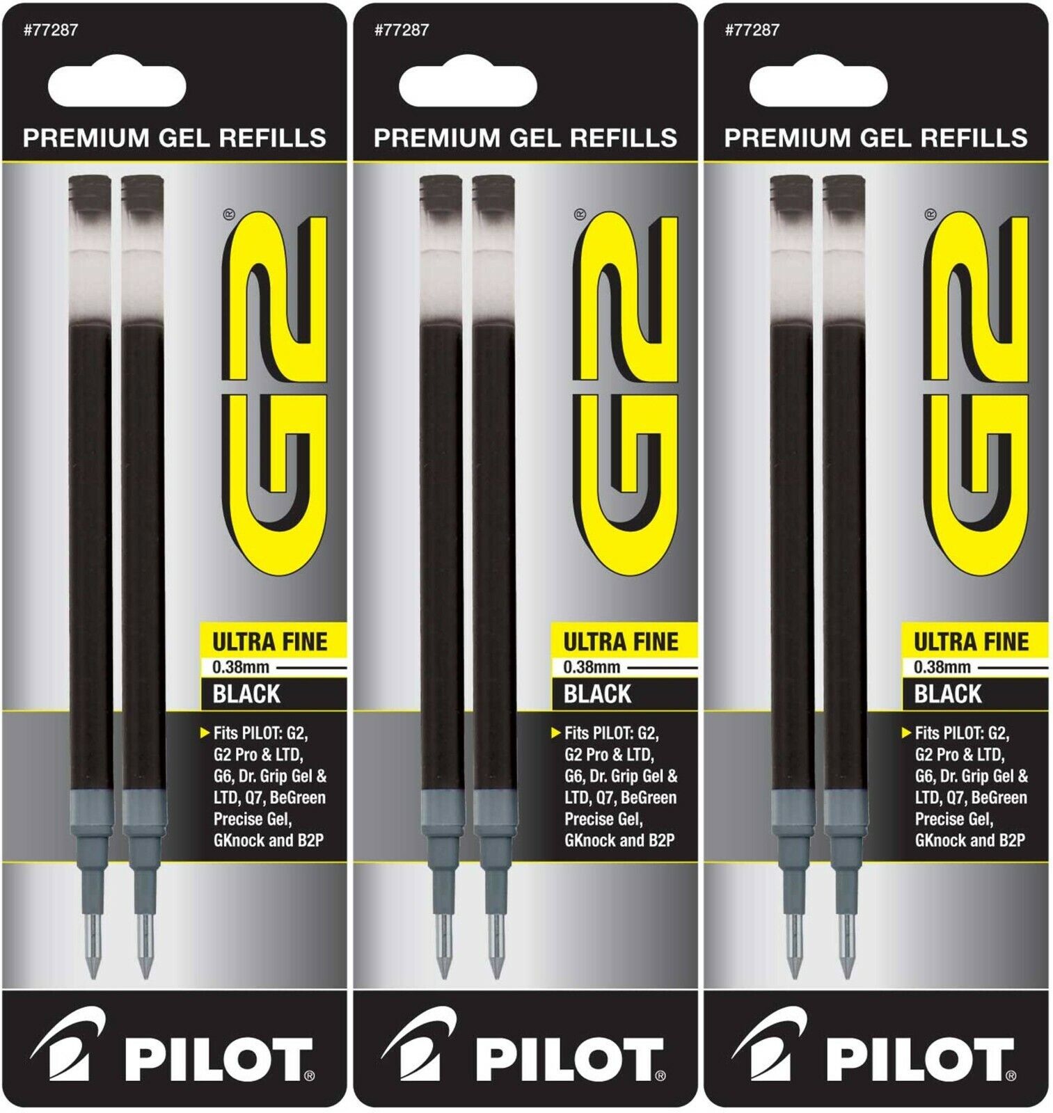 Pilot 77287-77003 G2-38 Gel Ink Rolling Ball Pen Refills, 0.38 mm Ultra Fine Point, 3 Packs