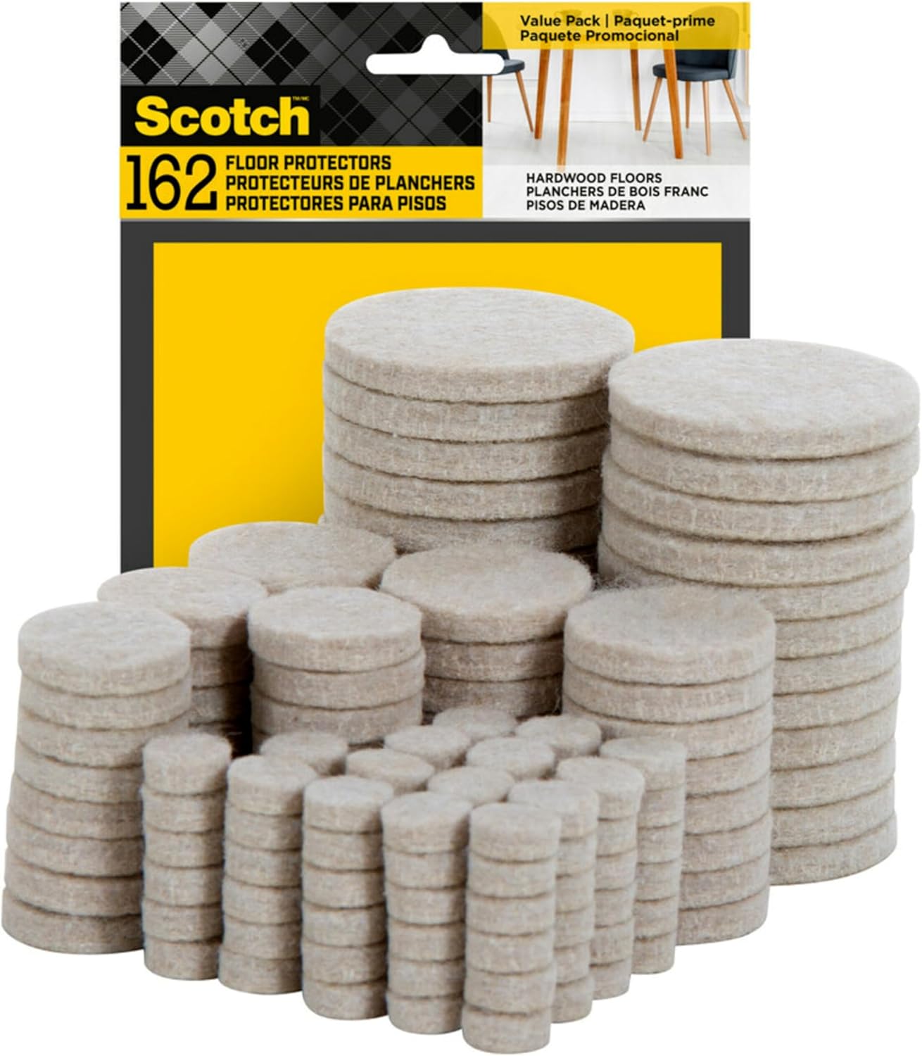 Scotch SP845-NA Round Felt Pads, Beige, 162 Pack, Assorted Size