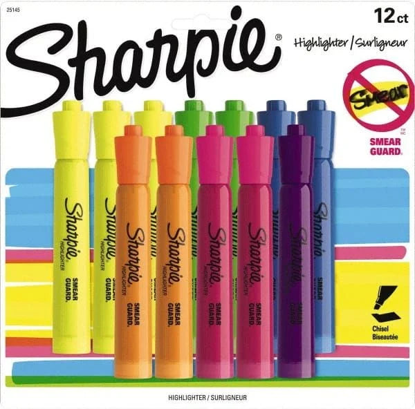 Sharpie 25145 Highlighter Markers, Chisel Tip, , Assorted 12 Fluorescent Colors