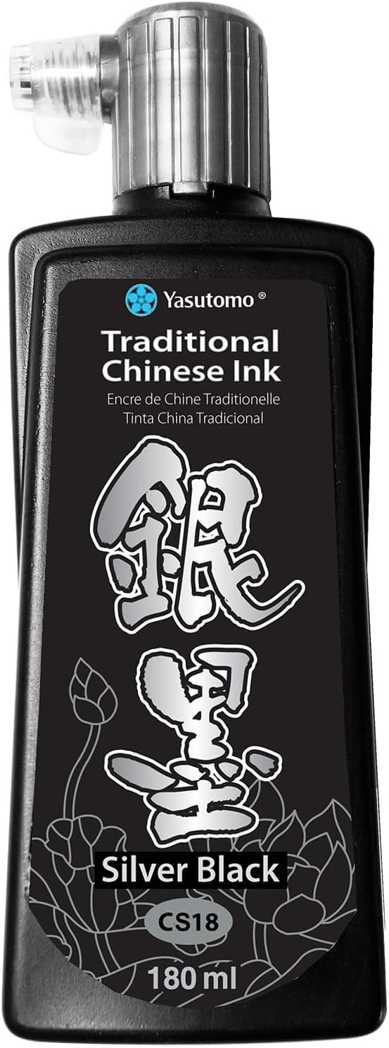 Yasutomo CS18 Tradditional Chinese Ink, Water Resistant, Silver Black, 180 ml