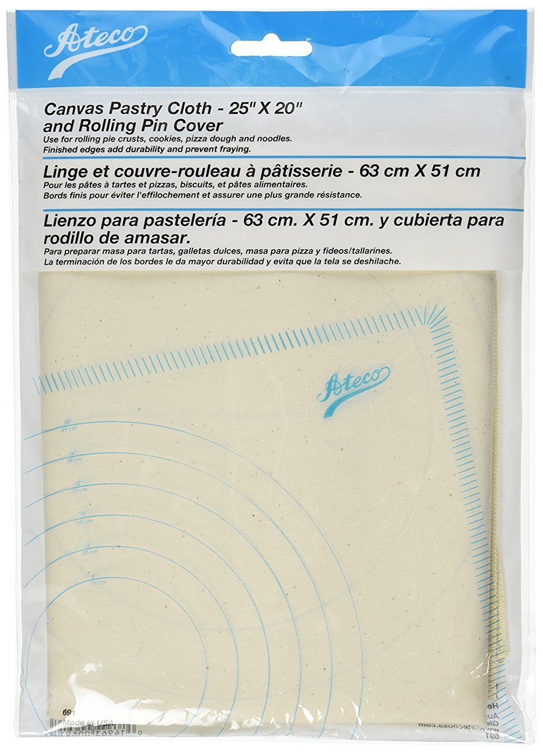 Ateco 691 Canvas Pastry Cloth and Rolling Pin Cover, 25" x 20"