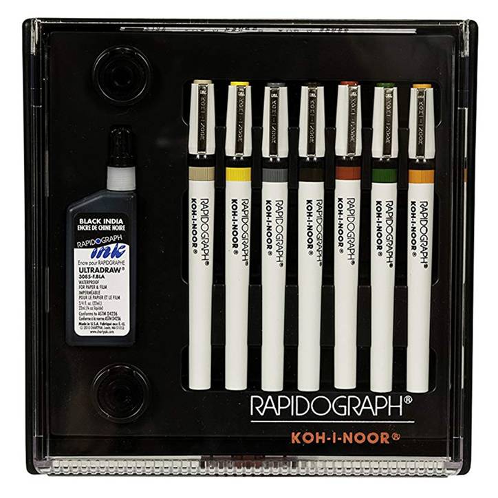 Koh-I-Noor 3165SP7 Rapidograph Slim Pack Pen Set, 7 Assorted Nibs and .75 oz Bottle of Ultradraw Black Ink