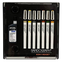 Koh-I-Noor 3165SP7 Rapidograph Slim Pack Pen Set, 7 Assorted Nibs and .75 oz Bottle of Ultradraw Black Ink