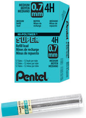 Pentel 50 Super Hi-Polymer Lead Refills, 0.7 mm Medium Line, 12 pcs per Tube, Box of 12 Tubes