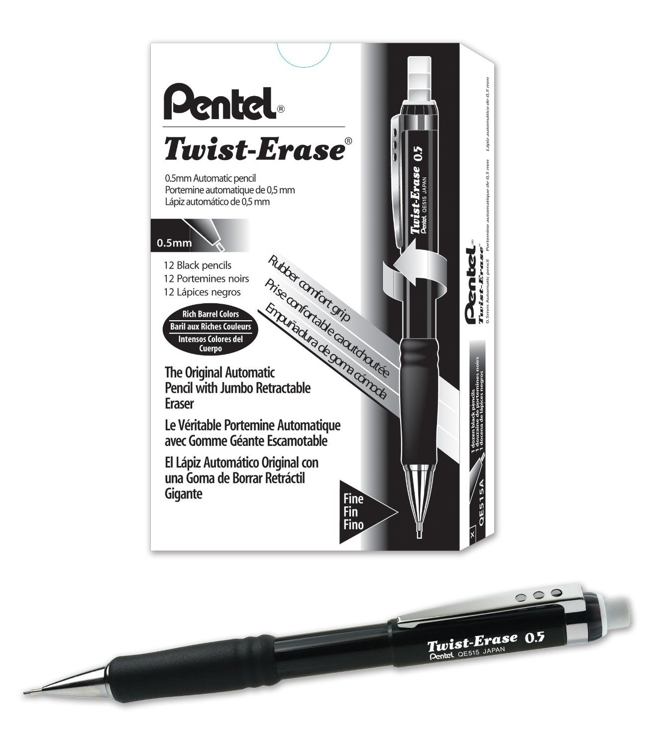 Pentel QE515 Twist-Erase III Mechanical Pencils, 0.5 mm Fine Line, Dozen Box