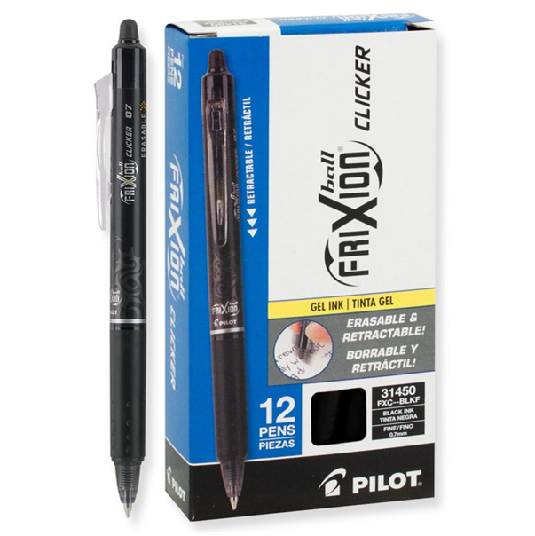 Pilot 31450-31457 FriXion Clicker Retractable Erasable Gel Pens, Fine Point, Box of 12 Pens