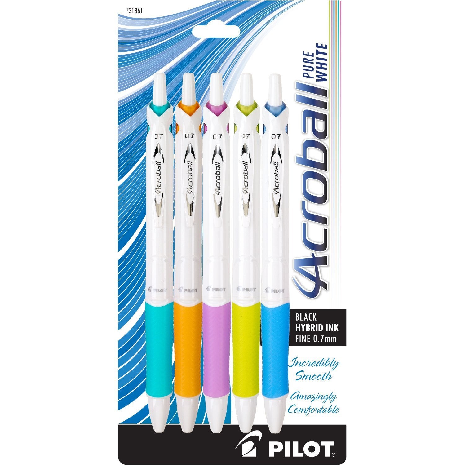 Pilot 31861 Acroball PureWhite Advanced Ink Pens, Fine Point, Pack of 5 Assorted Colors