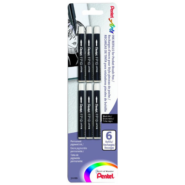 Pentel Arts Pocket Brush Refills, Black Ink, Pack of 6 (FP10BP6A)