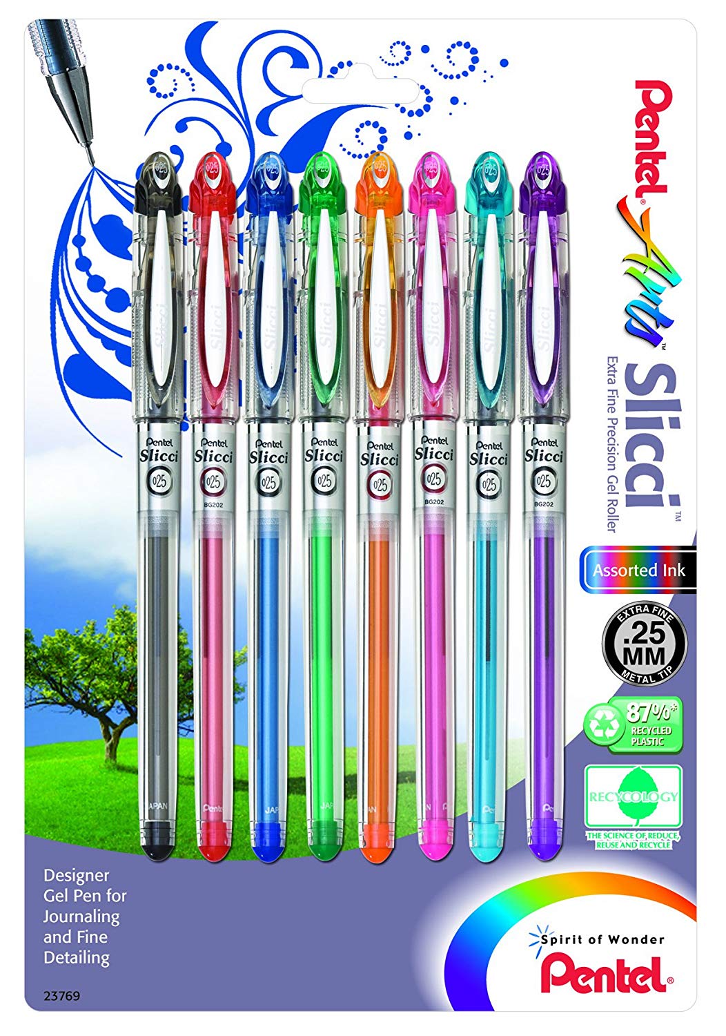 Pentel BG202BP8M Arts Slicci 0.25mm Extra Fine Gel Pens, Assorted Ink, 8-Pack