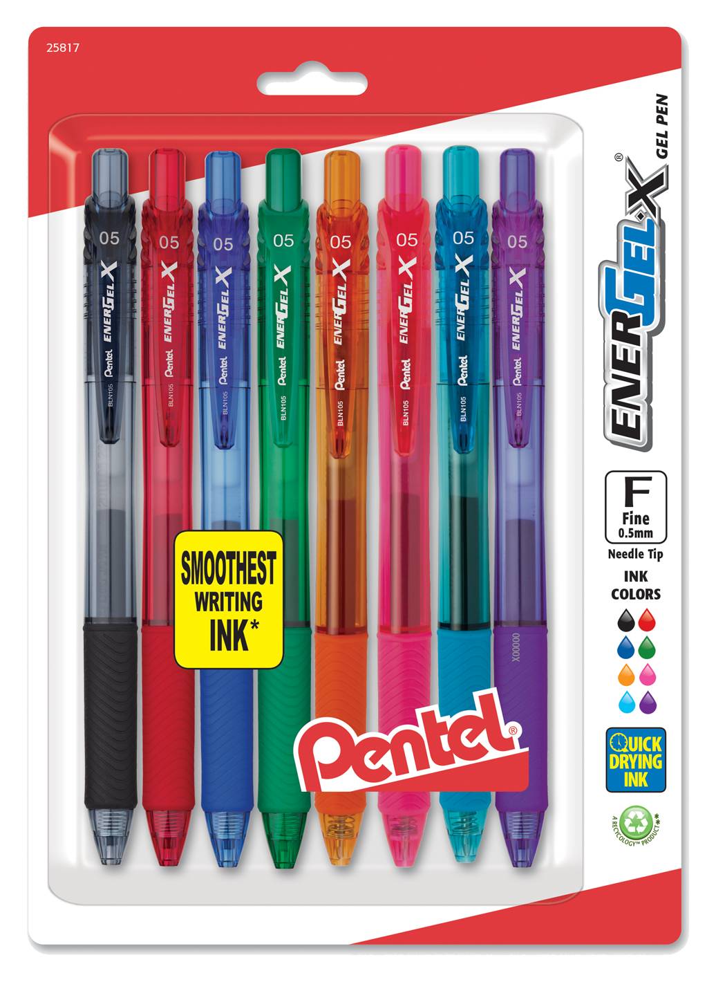 Pentel BLN105BP8M EnerGel-X Retractable Liquid Gel Pens, 0.5 mm Fine Line, Needle Tip, Assorted Ink, 8-Pack