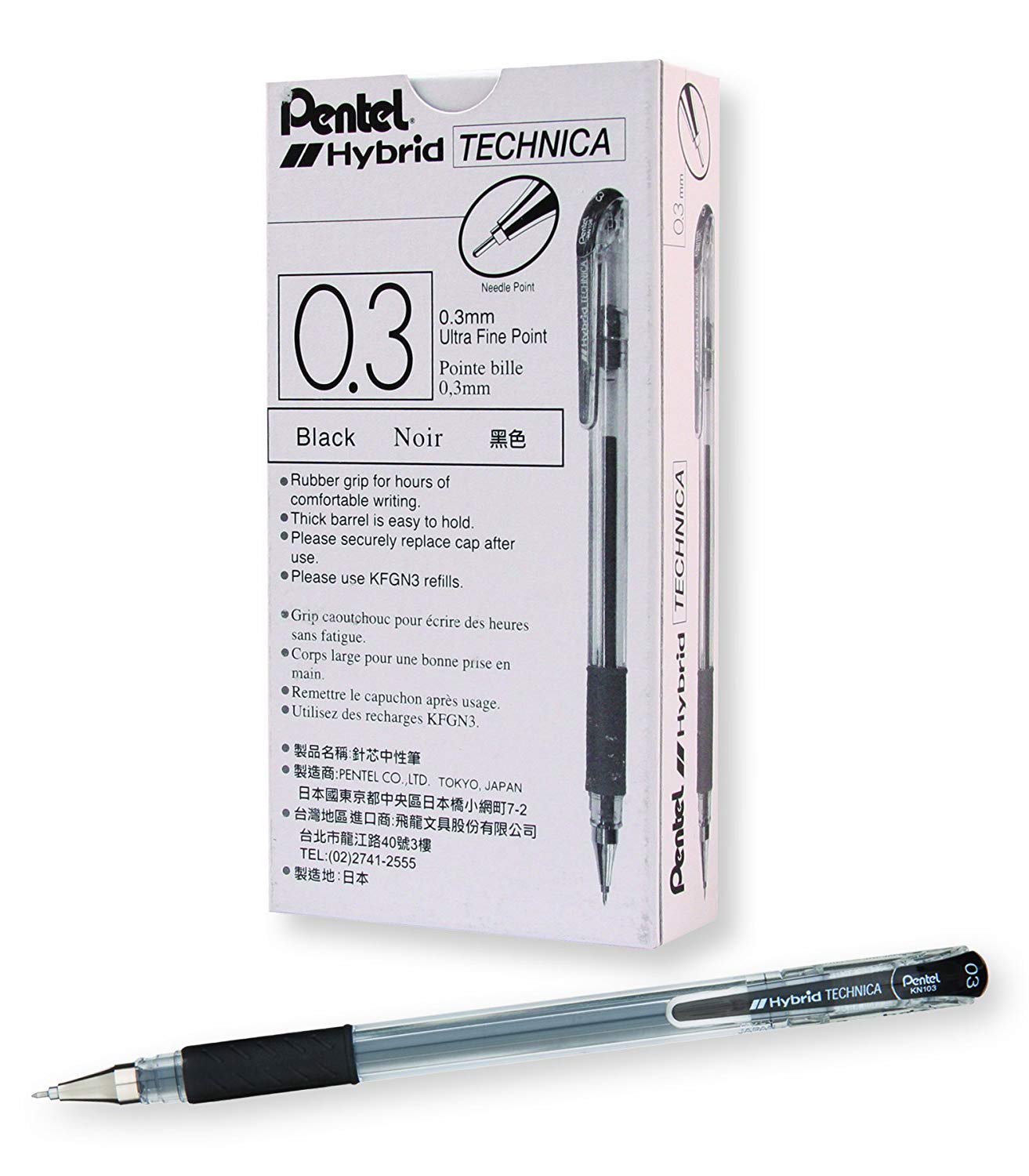 Pentel KN103, KN104, KN105, KN106, KN108 Arts Hybrid Technica Gel Pens, Black Ink, Dozen Box
