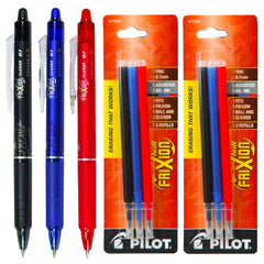 Pilot FriXion Clicker Retractable Erasable Gel Ink Pens, Fine Point, 0.7mm, Pack of 3 with Bonus 2 Packs of Refills Assorted Black/Blue/Red