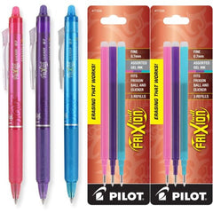 Pilot FriXion Clicker Retractable Erasable Gel Ink Pens, Fine Point, 0.7mm, Pack of 3 with Bonus 2 Packs of Refills Assorted Pink/Purple/Turquoise