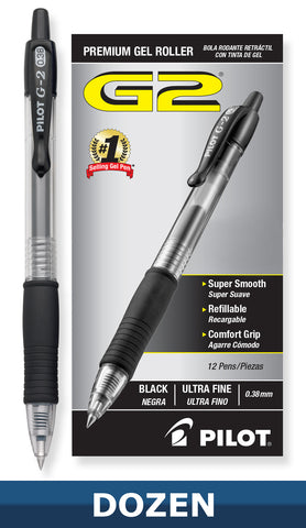 Pilot® G-2™ Retractable Gel Pens, Ultra Fine Point, 0.38 mm, Clear Barrels,  Black Ink, Pack Of 4