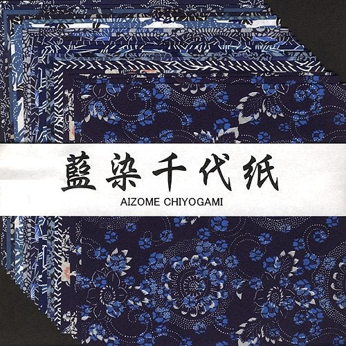 Aitoh YW-621 Blue Dyed Aizome Chiyogami Paper, 6 Inch Square, 20 Sheets
