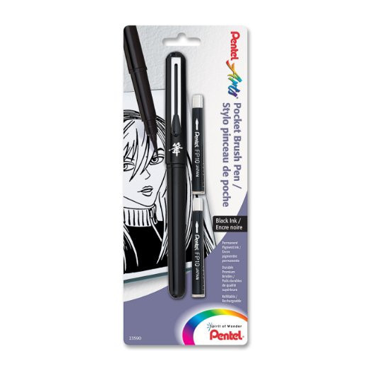 Pentel GFKP3BPA Arts Pocket Brush Pen with 2 Black Refills