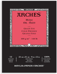Arches A1795108 Oil Paper Pads Glued on Short Side, 300 gsm, 100% Cotton, Cold Pressed, White, 9 x 12 in, 12 Sheets